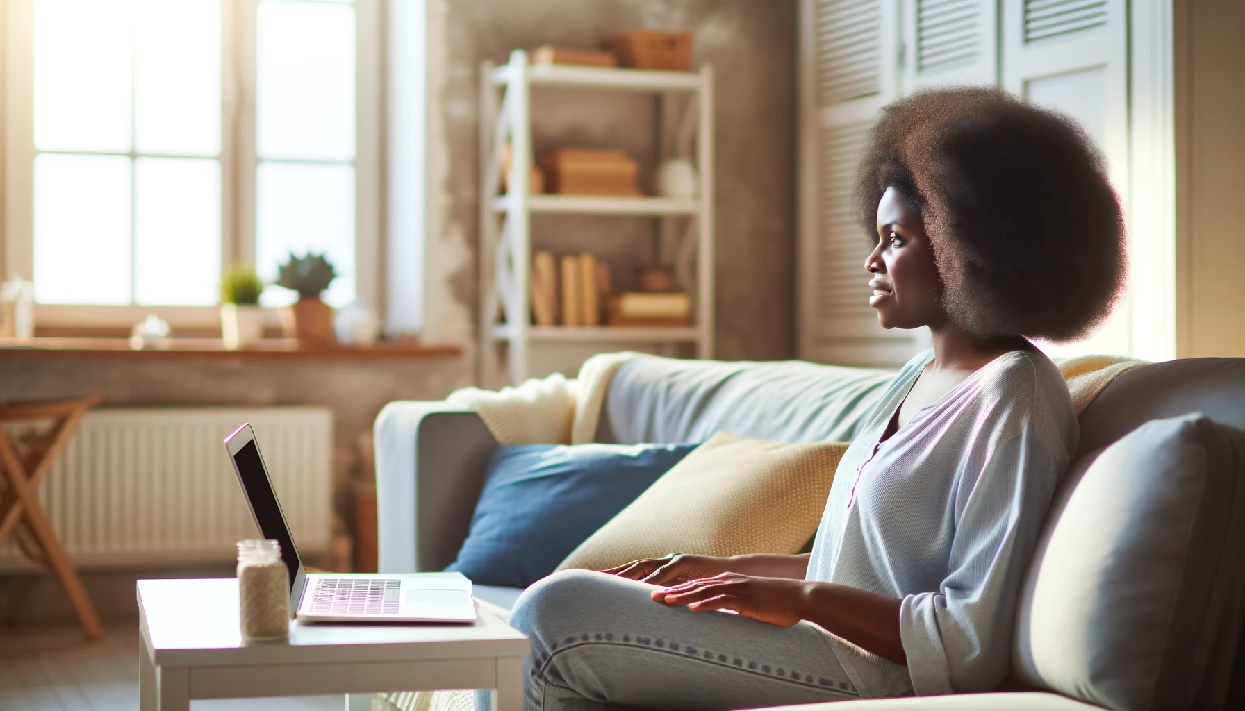 A young Afro-American woman is watching a movie on a laptop at home